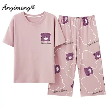 Новая летняя модная домашняя одежда с принтом кавайного Медведя для молодых девушек, Хлопковый пижамный комплект, женские брюки с коротким рукавом до икр, пижама