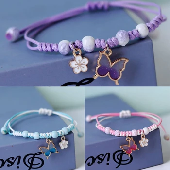 Новый модный браслет ручной работы с фиолетовым цветком-бабочкой для женщин, Очаровательные Плетеные браслеты с подвеской в виде милого животного, ювелирные изделия для браслетов