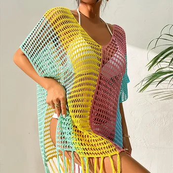 Новый сексуальный топ контрастного цвета, свободный пуловер с V-образным вырезом и кисточками, пляжный солнцезащитный костюм, бикини, пляжная накидка, женская футболка 2
