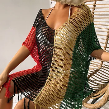 Новый сексуальный топ контрастного цвета, свободный пуловер с V-образным вырезом и кисточками, пляжный солнцезащитный костюм, бикини, пляжная накидка, женская футболка 5