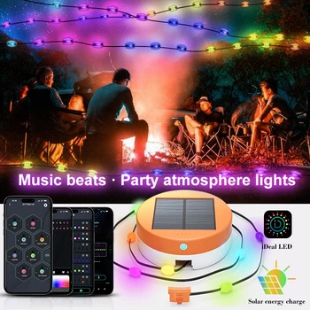 Солнечный RGB IC Camping Light String APP Control Bluetooth LED Выдвижной Умный Музыкальный Ритм Водонепроницаемый Внутренний Уличный Праздничный Свет