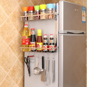Стеллаж для холодильника из нержавеющей стали Кухонные Принадлежности Многофункциональная Посуда Банки для специй Подвесная Полка Для хранения Органайзер для дома