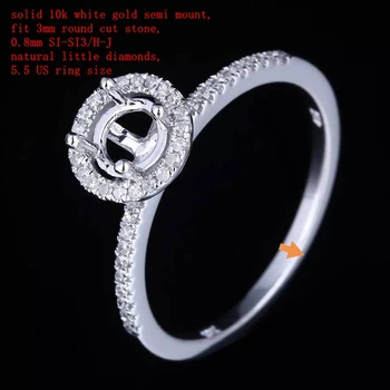твердое кольцо из белого золота 10k с полумонтажом, подходит для камня круглой огранки 3 мм, 0,8 мм SI-SI3/H-J, натуральные маленькие бриллианты, размер кольца 5,5 США