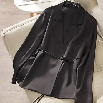 Черный женский тонкий свободный пиджак на одной пуговице, новинка сезона Весна / лето 2023, Новый свободный топ на шнуровке 0