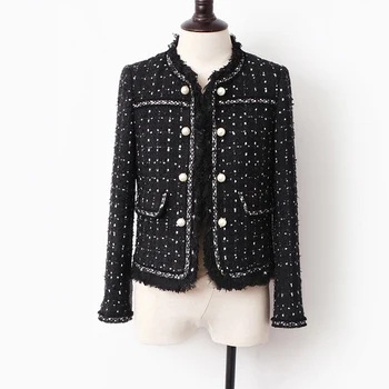 Черный твидовый пиджак весна / осень / зима женская куртка пальто классические женские дикие женские яркие твидовые куртки с проволочной оплеткой 1