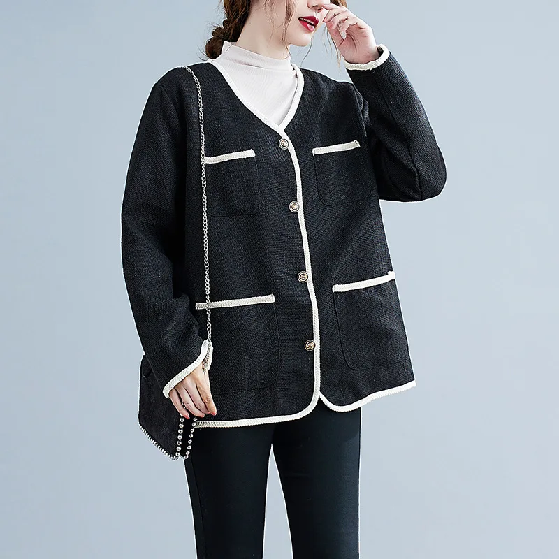 Женский бюст большого размера 150 кг, Осеннее свободное пальто с V-образным вырезом и длинным рукавом, маленькое ароматное пальто черного цвета-6XL 7XL 8XL 9XL 3