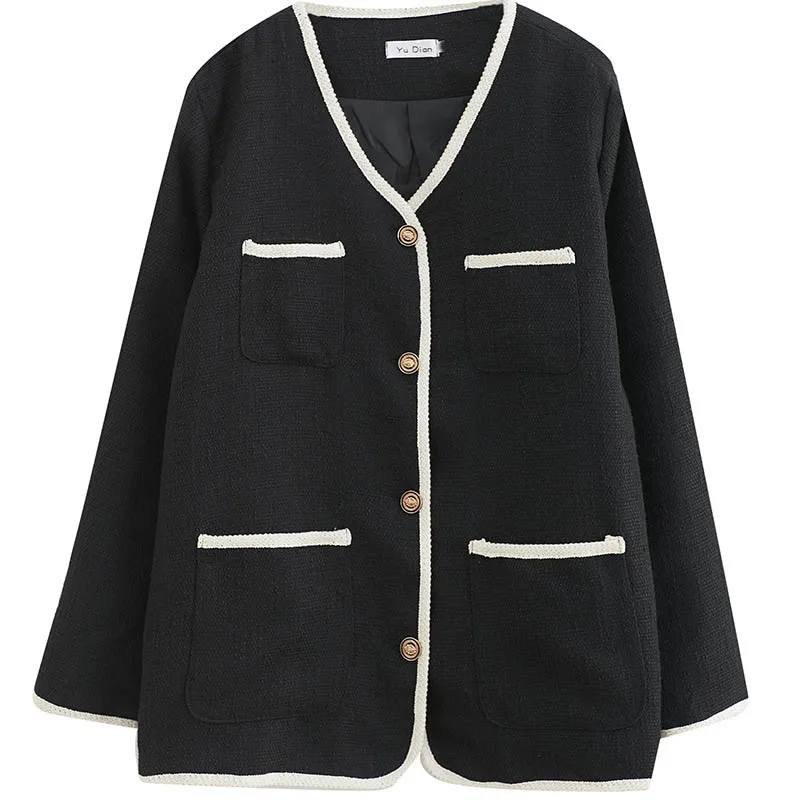 Женский бюст большого размера 150 кг, Осеннее свободное пальто с V-образным вырезом и длинным рукавом, маленькое ароматное пальто черного цвета-6XL 7XL 8XL 9XL 5