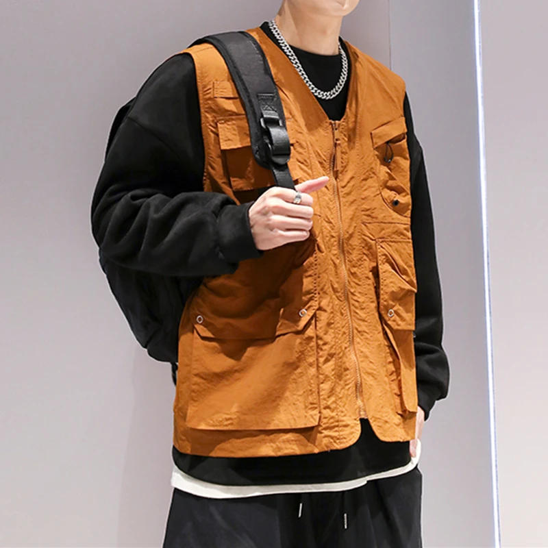 Корейская уличная одежда, жилет-карго с несколькими карманами, Японские куртки без рукавов в стиле харадзюку, Мужская одежда, Модные повседневные пальто, Мужские топы 1