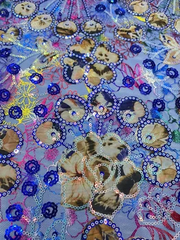 2023 Французская сетка Фиолетовые кружевные ткани Вышивка Блестками Тюль Дизайн Африканская ткань для женских вечерних платьев 5 ярдов швейных метров 5
