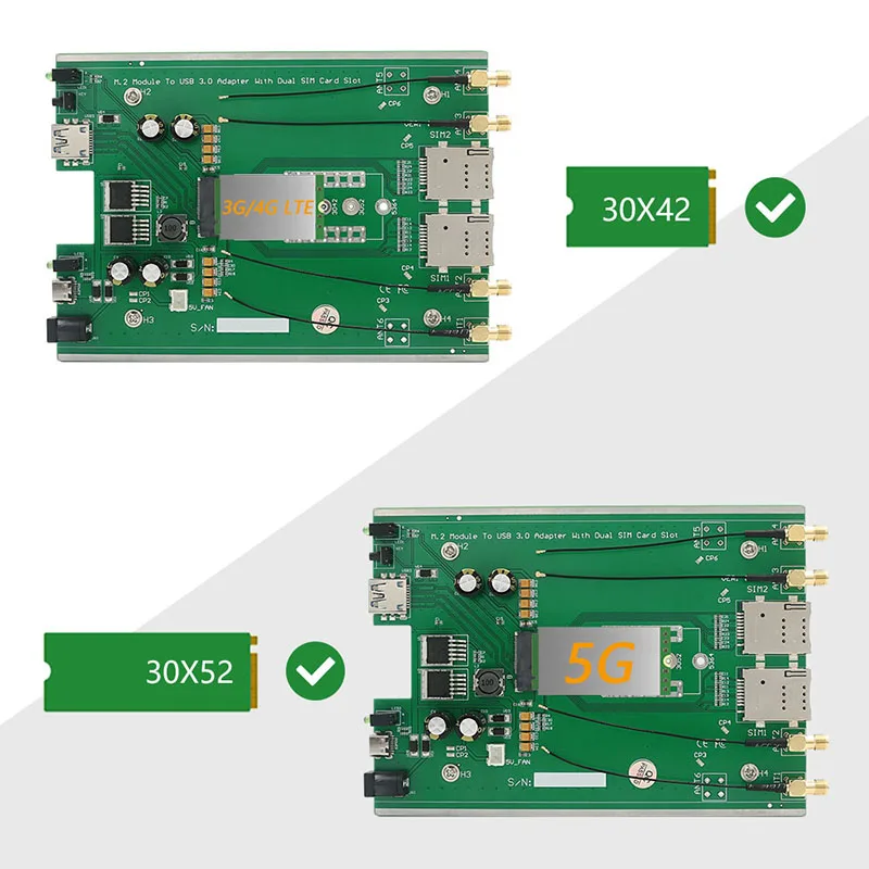 M.2 NGFF 3G/ 4G / 5G Модуль B Ключ к сетевому адаптеру USB3.0 Riser Board Слот для двух SIM-карт DC / TYPE-C Вспомогательный источник питания с антенной 4 3