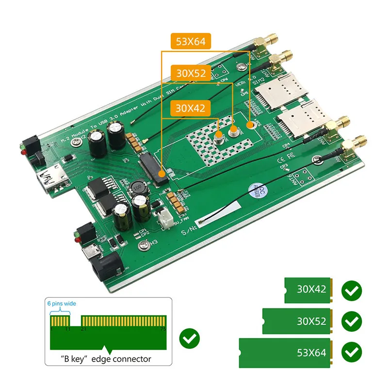 M.2 NGFF 3G/ 4G / 5G Модуль B Ключ к сетевому адаптеру USB3.0 Riser Board Слот для двух SIM-карт DC / TYPE-C Вспомогательный источник питания с антенной 4 4