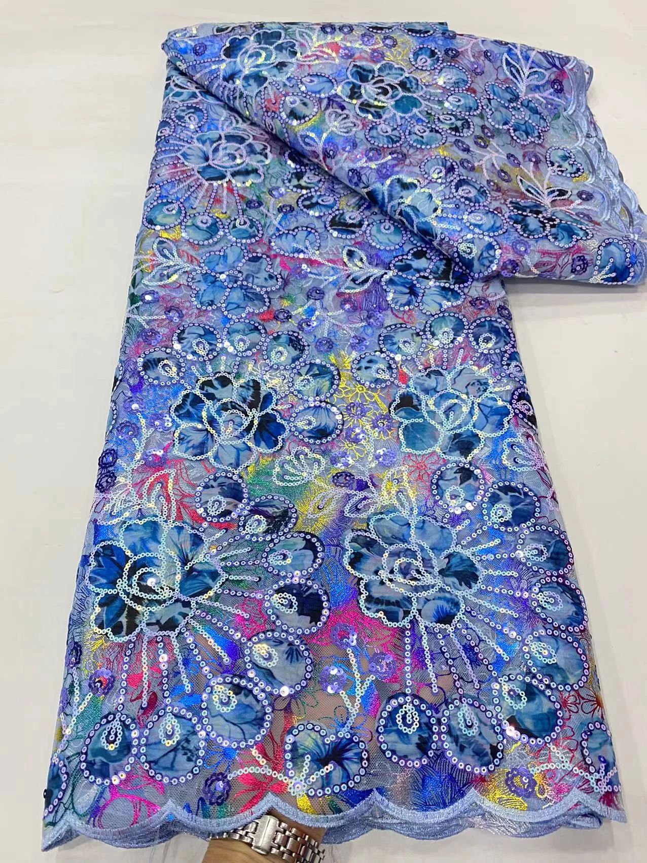 2023 Французская сетка Фиолетовые кружевные ткани Вышивка Блестками Тюль Дизайн Африканская ткань для женских вечерних платьев 5 ярдов швейных метров 4