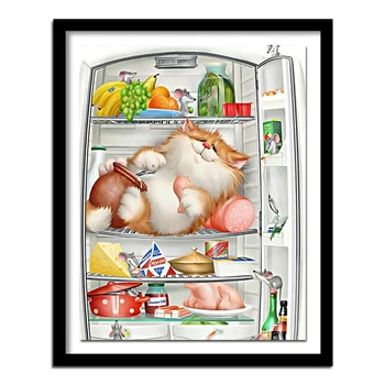 5D DIY Алмазная вышивка Кошка в холодильнике Алмазная живопись Мультфильм Вышивка крестом Полный квадрат Стразы Домашний декор