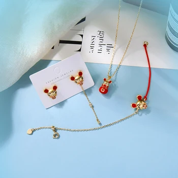 kissme 2020 Китайский зодиак Lucky Mouselet Модный ювелирный набор для женщин, красная эмаль, висячие серьги с милыми животными, браслет, ожерелье