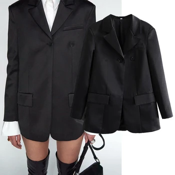 ZA 2020, Женская осенняя мода, костюм с шелковой текстурой, пальто, однобортные куртки, пальто, женская верхняя одежда, шикарные топы