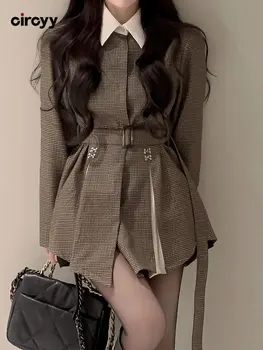Женские куртки Circyy, пальто в клетку, весна-осень 2023, Корейская мода, верхняя одежда из двух предметов с поясом, Шикарная дизайнерская одежда