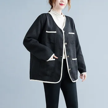 Женский бюст большого размера 150 кг, Осеннее свободное пальто с V-образным вырезом и длинным рукавом, маленькое ароматное пальто черного цвета-6XL 7XL 8XL 9XL 2
