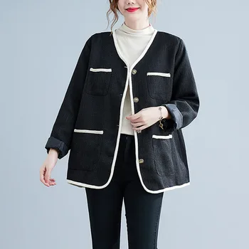 Женский бюст большого размера 150 кг, Осеннее свободное пальто с V-образным вырезом и длинным рукавом, маленькое ароматное пальто черного цвета-6XL 7XL 8XL 9XL 4