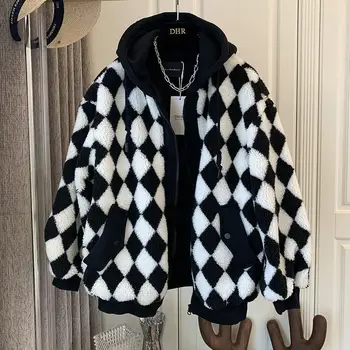 Зимнее новое теплое ретро-пальто из овечьей шерсти в шахматном порядке, женское индивидуальное уличное повседневное пальто с капюшоном, свободная поддельная женская куртка из двух частей, пальто