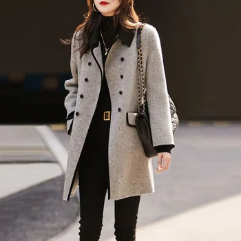 Осенне-зимнее Корейское издание 2023 года, тонкое и повседневное, универсальное по темпераменту, контрастного цвета, шерстяное пальто-поло с небольшим вырезом для женщин