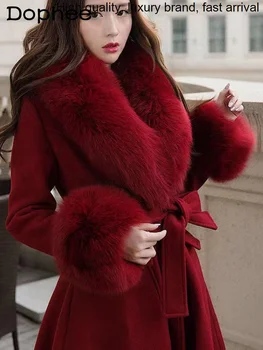 Роскошное меховое Теплое шерстяное пальто с красным воротником для женщин, Свободное, для похудения, Элегантный пояс на талии, Длинное кашемировое пальто 2023, Новые зимние пальто